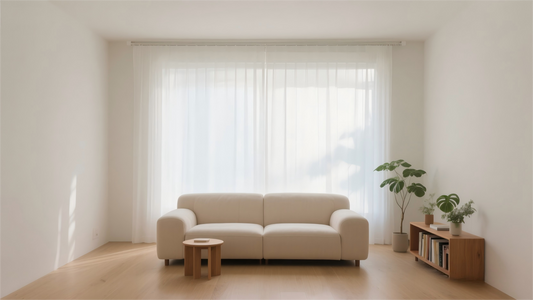Helles Wohnzimmer mit sanft gestreutem Tageslicht durch Voile-Gardinen; ruhige Naturtöne für entspannte Atmosphäre.