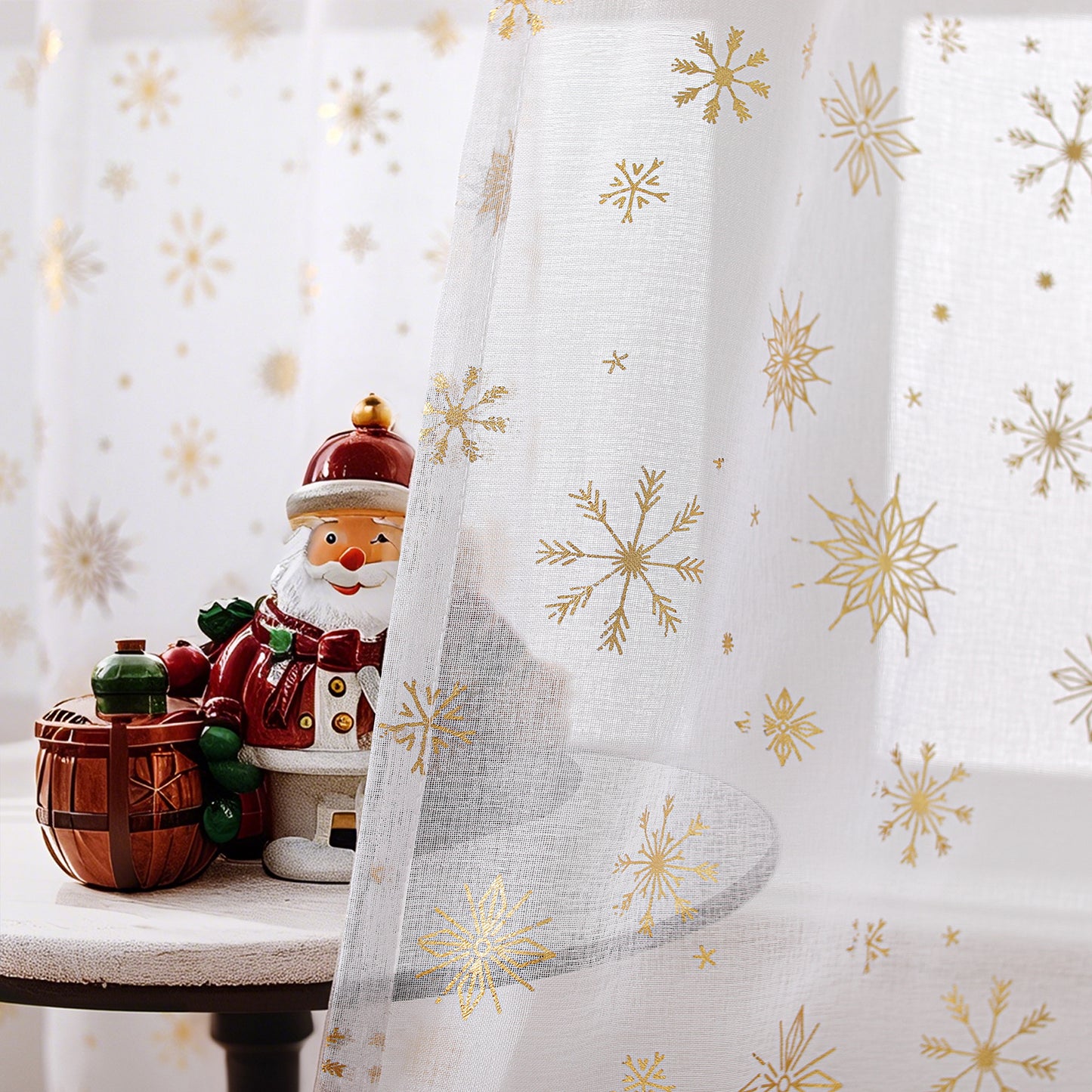Weihnachtsvorhang Schneeflocken Goldfolie 2er Set Transparente Gardine