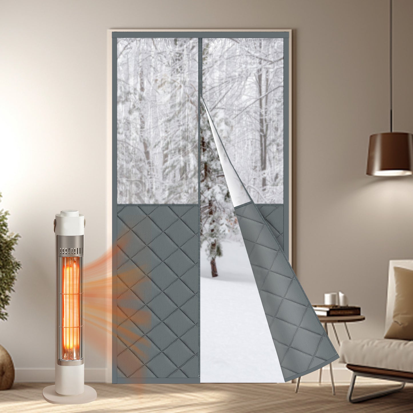 Magnetischer gesteppter Thermo Türvorhang mit großem Fenster · Wärmeschutz für Winter und Sommer