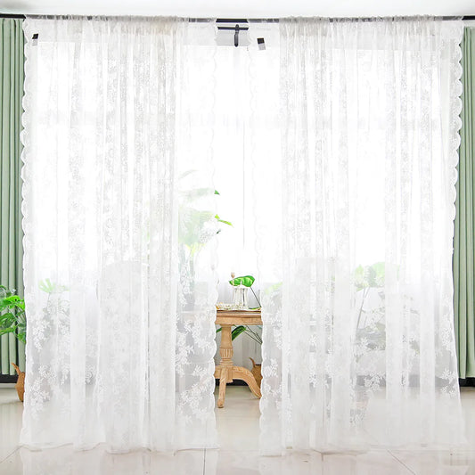 Sheer lace curtain with floral pattern – scalloped edge, white, rod pocket