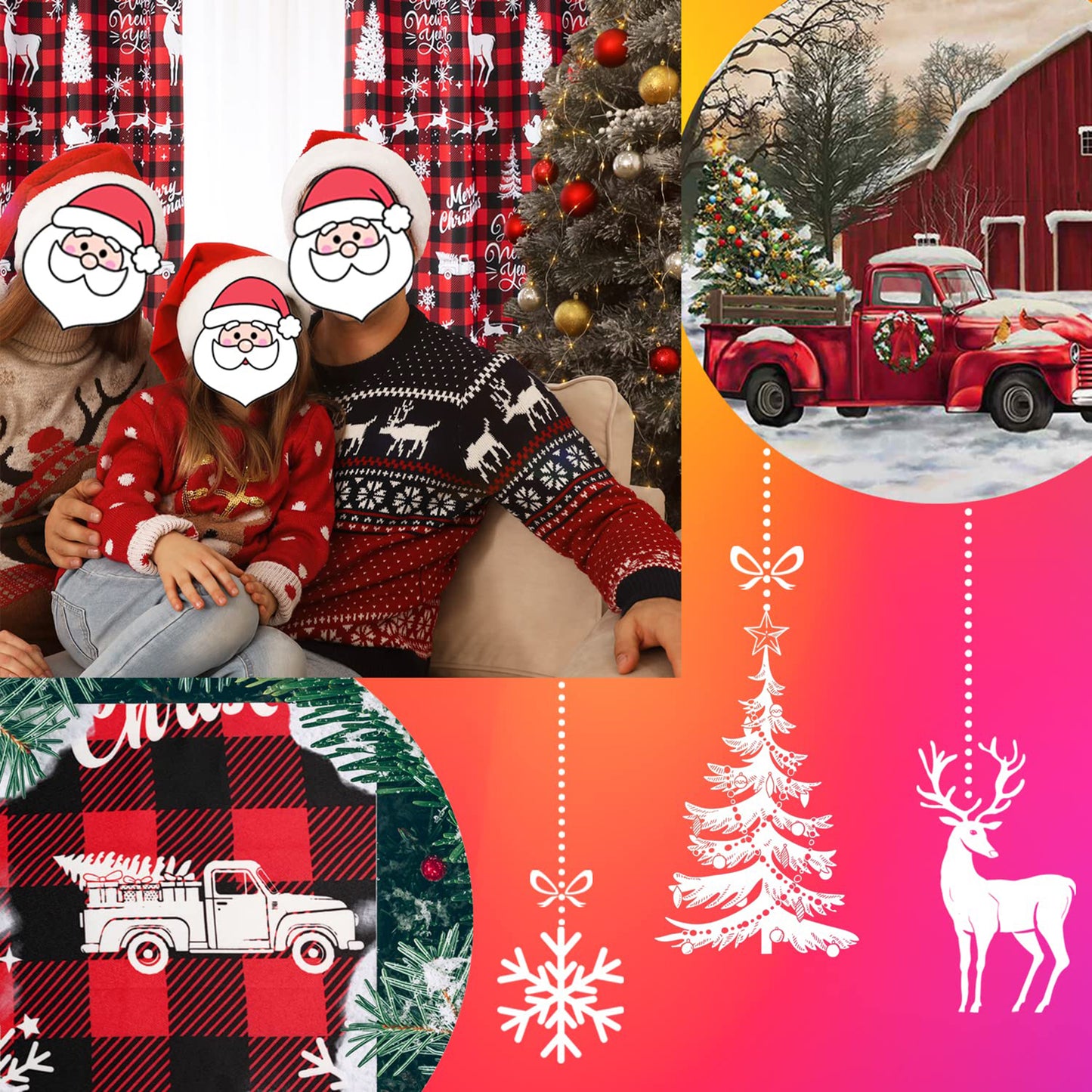 Rideau de Noël à carreaux rouges et noirs, lot de 2, avec œillets