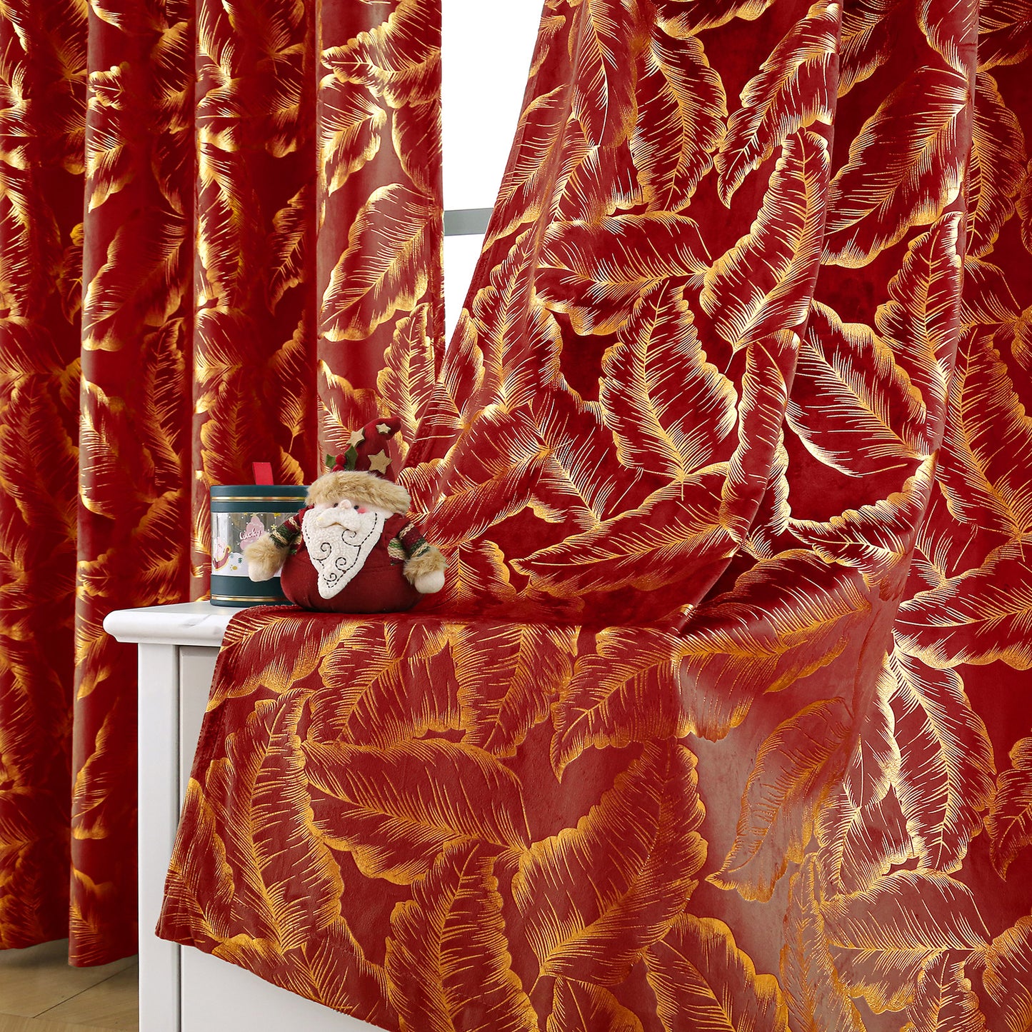 Samt Weihnachtsvorhänge mit Blatt-Goldfolie · Verdunkelung · Rot/Grün · 2-teilig