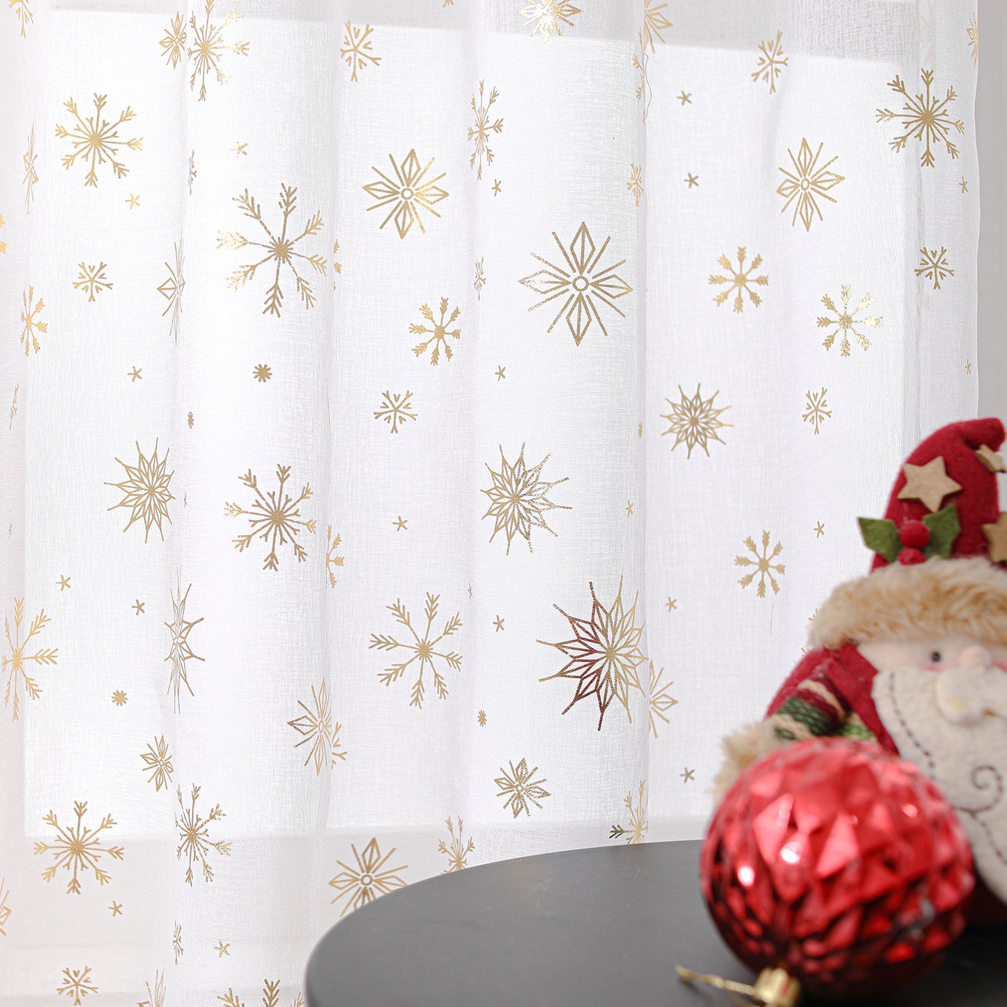 Weihnachtsvorhang Schneeflocken Goldfolie 2er Set Transparente Gardine