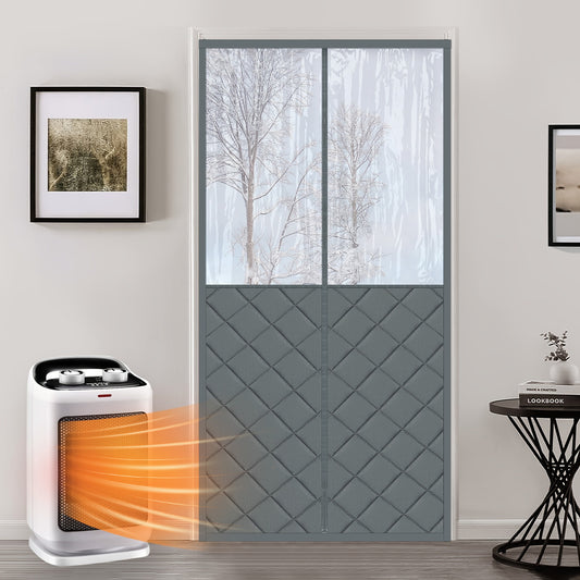 Magnetic quilted thermal door curtain with large window · Heat protection for winter and summer