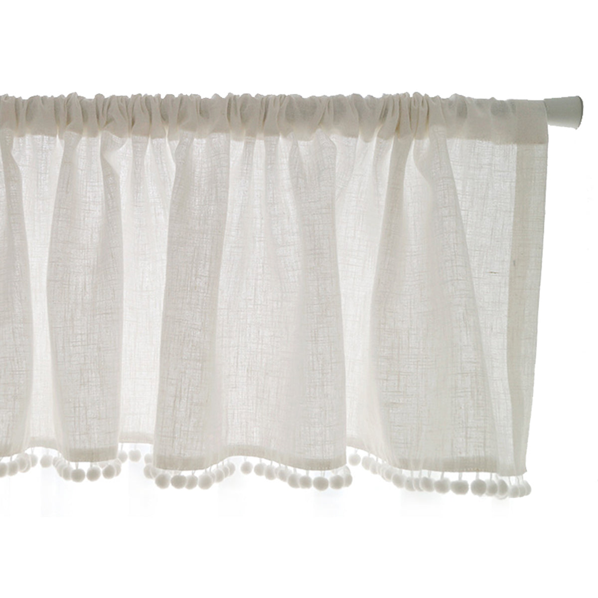 Transparente Kurzgardine mit Pompons – Leinenoptik, Weiß, Rod Pocket