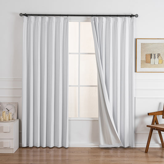 Set of 2 curtains linen look white 100% blackout pleated tape with hooks and rings
