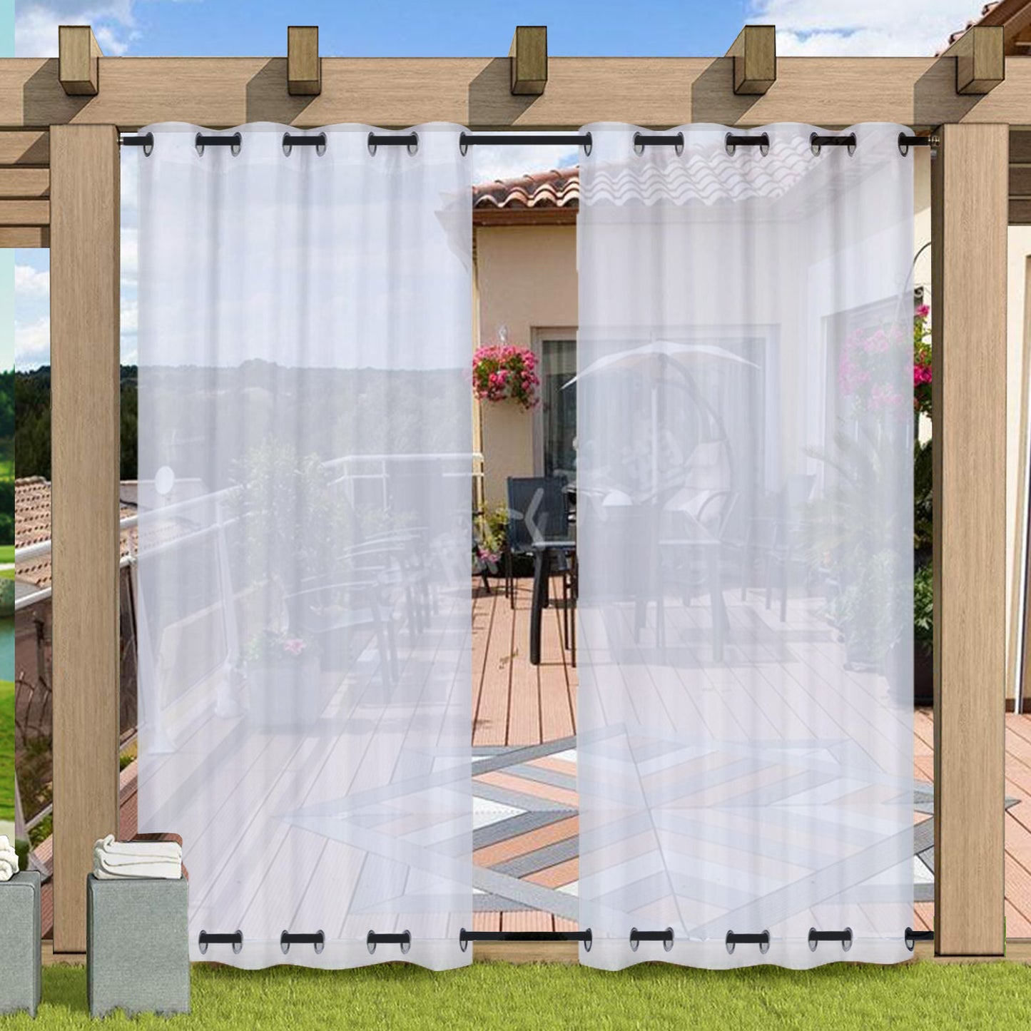 Outdoor Gardine Voile Weiß Winddicht und Wasserabweisend mit Ösen oben und unten 1 Panel