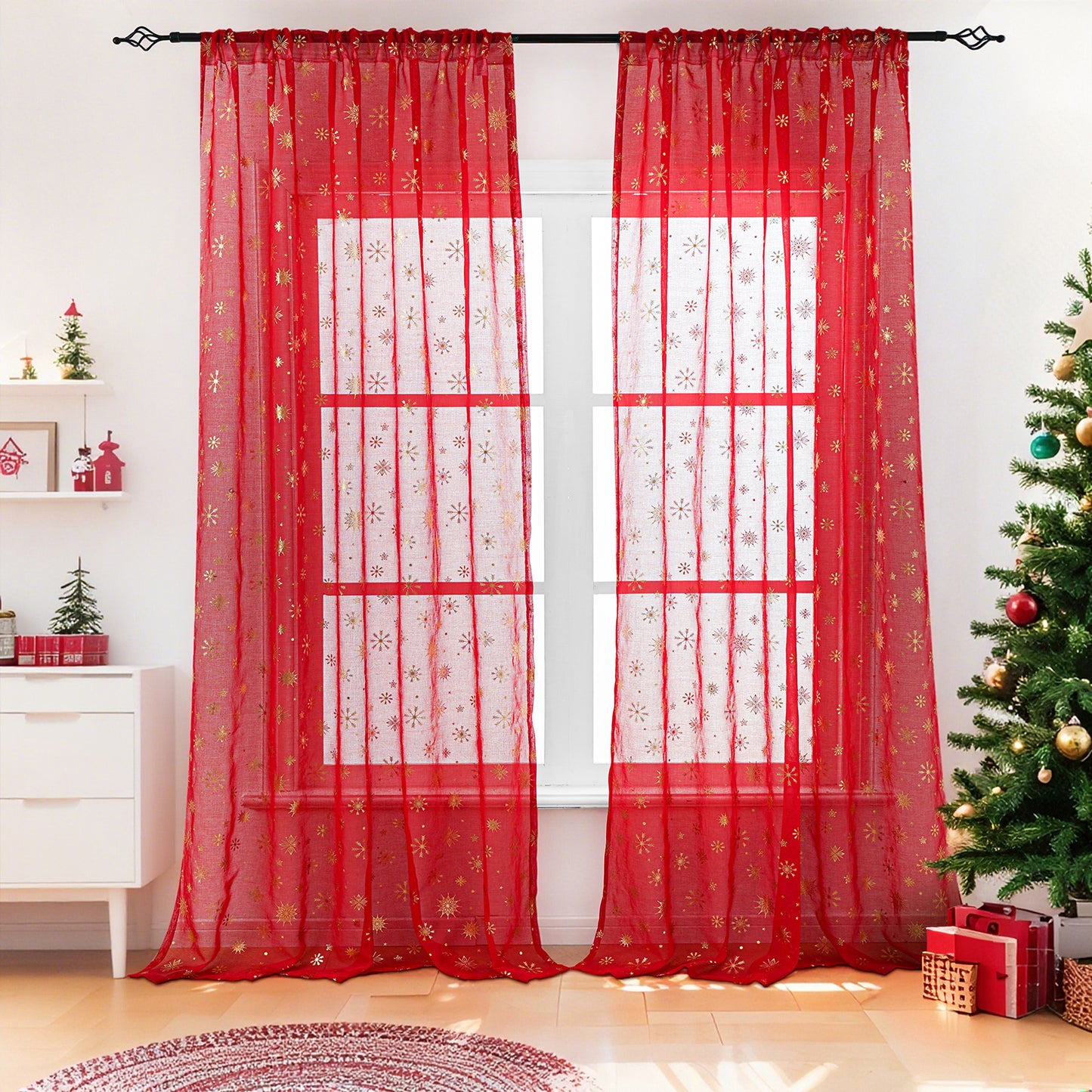 Weihnachtsvorhang Schneeflocken Goldfolie 2er Set Transparente Gardine