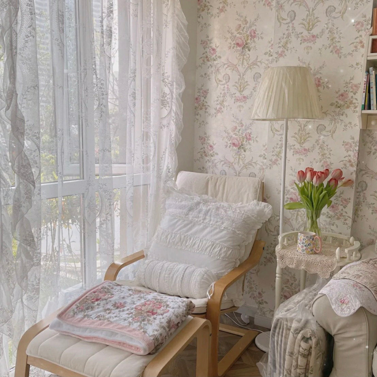Transparente Spitzengardine mit Blumenmuster und Rüschen – Weiß, Rod Pocket