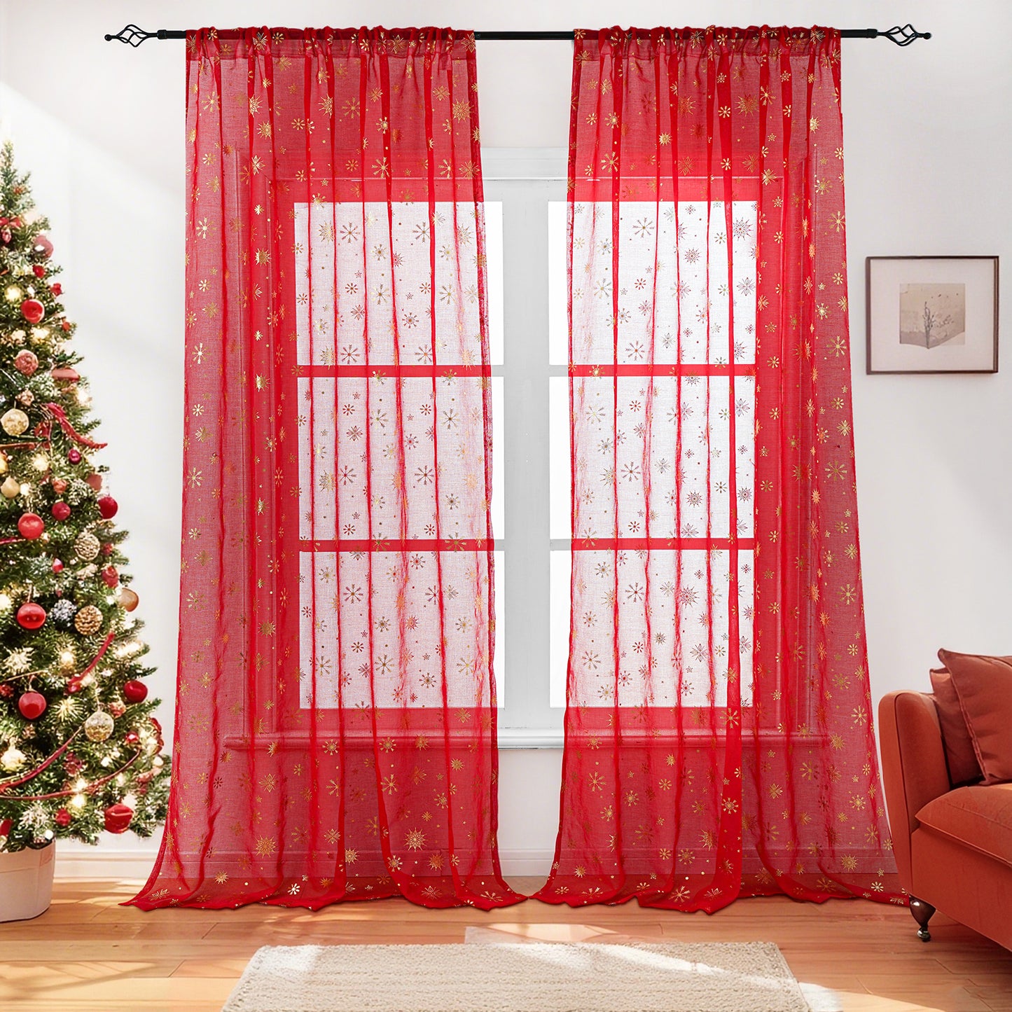 Weihnachtsvorhang Schneeflocken Goldfolie 2er Set Transparente Gardine