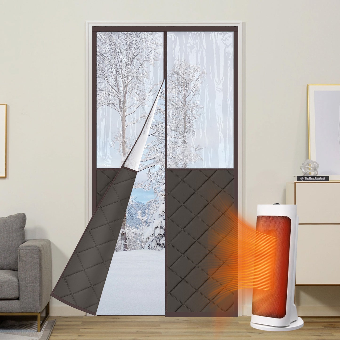 Magnetischer gesteppter Thermo Türvorhang mit großem Fenster · Wärmeschutz für Winter und Sommer