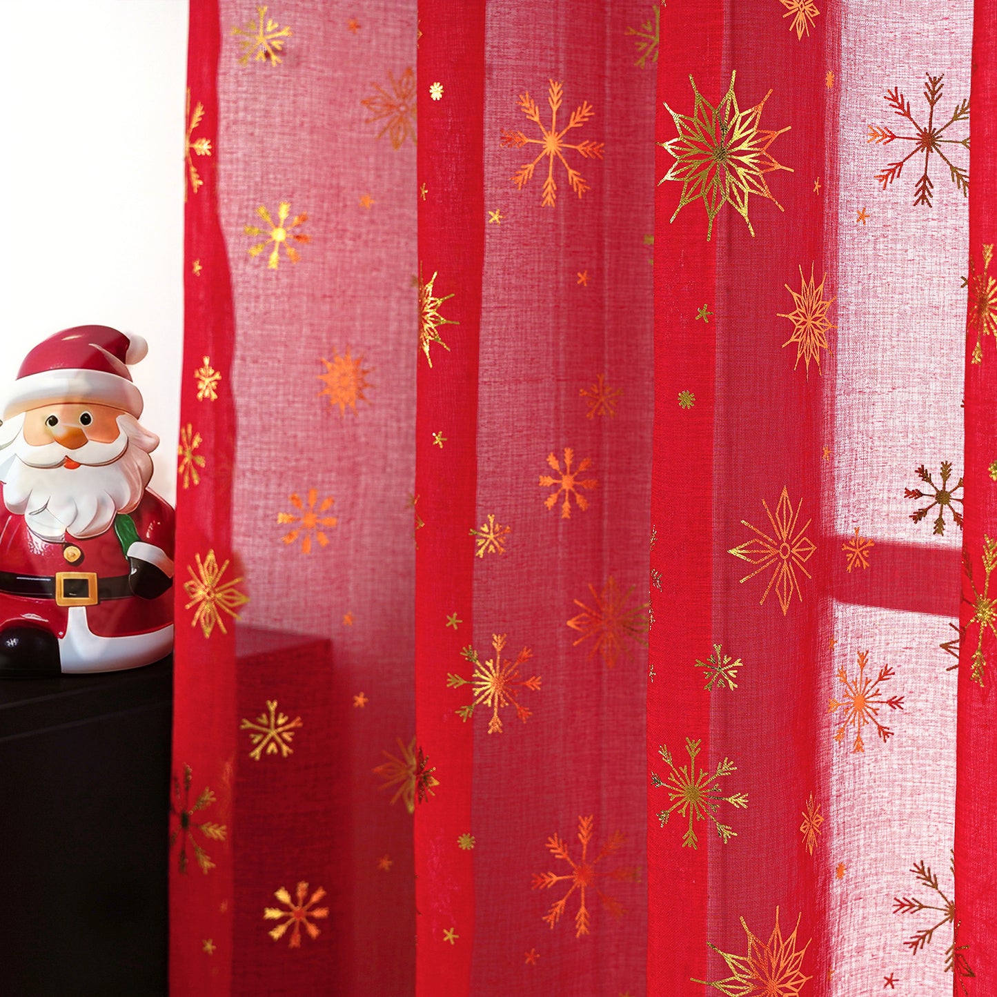 Weihnachtsvorhang Schneeflocken Goldfolie 2er Set Transparente Gardine