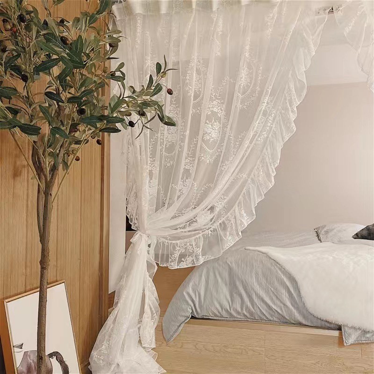 Transparente Spitzengardine mit Blumenmuster und Rüschen – Weiß, Rod Pocket
