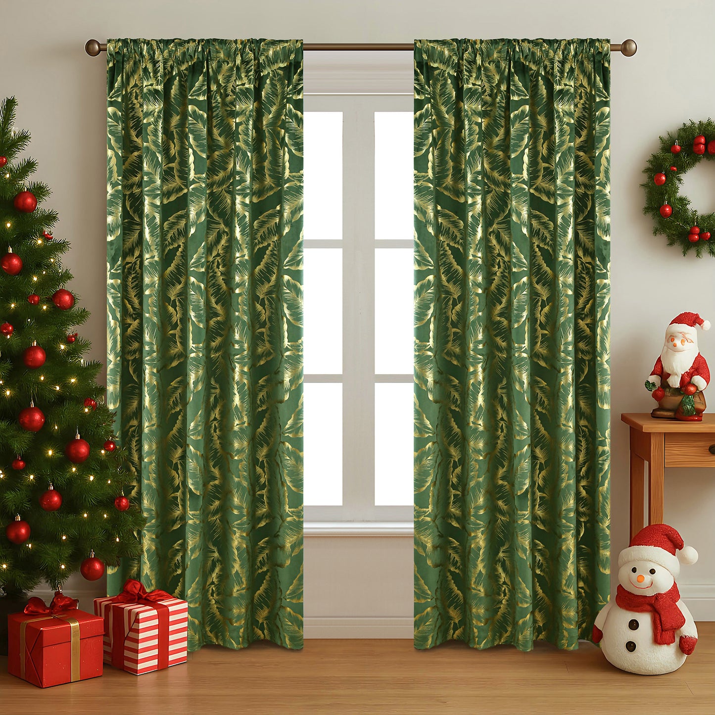 Samt Weihnachtsvorhänge mit Blatt-Goldfolie · Verdunkelung · Rot/Grün · 2-teilig