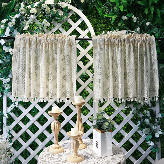 Boho sheer curtain with tassels – transparent short curtains, rod pocket