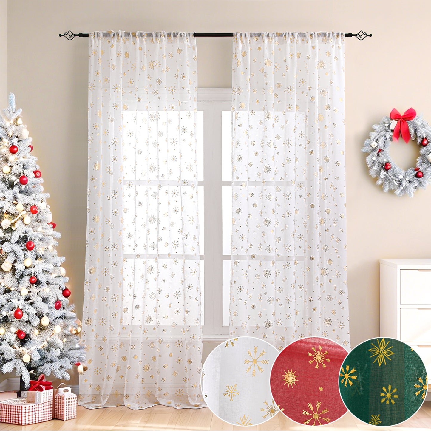Weihnachtsvorhang Schneeflocken Goldfolie 2er Set Transparente Gardine