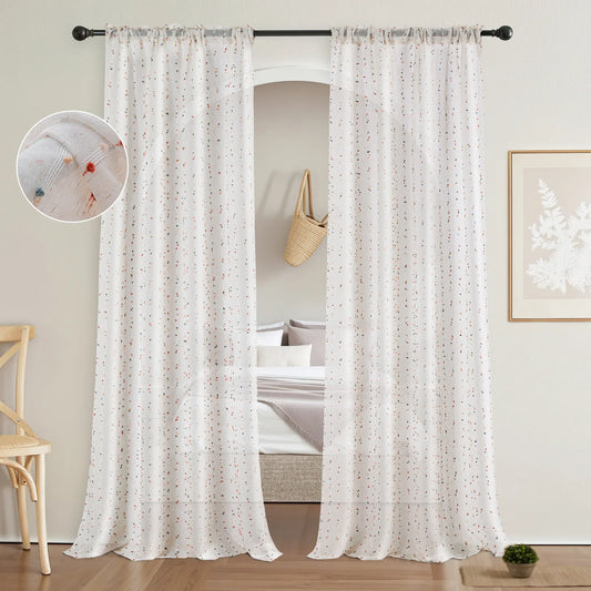 Sheer curtain with pompoms – boho style, white