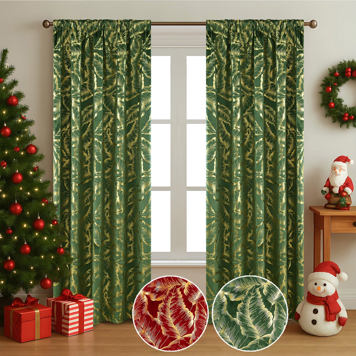 Samt Weihnachtsvorhänge mit Blatt-Goldfolie · Verdunkelung · Rot/Grün · 2-teilig