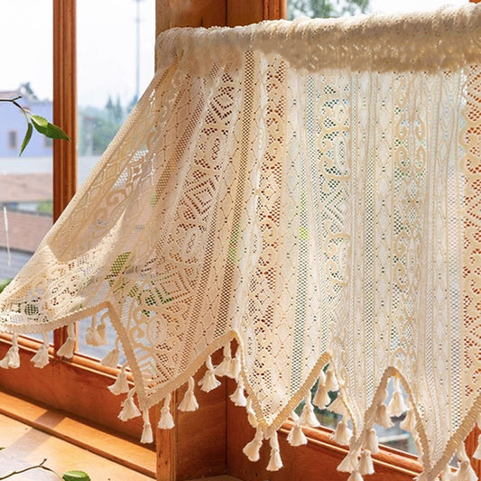 Vintage short curtain with tassels – Boho style, cream, rod pocket
