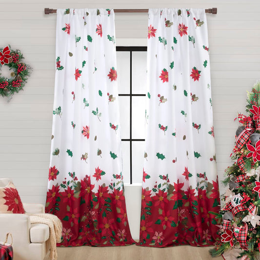 Weihnachtsvorhang Rot Weiß mit Blumenmuster 2er Set