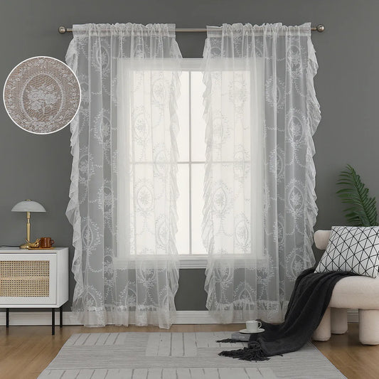 Sheer lace curtain with floral pattern and ruffles – white, rod pocket