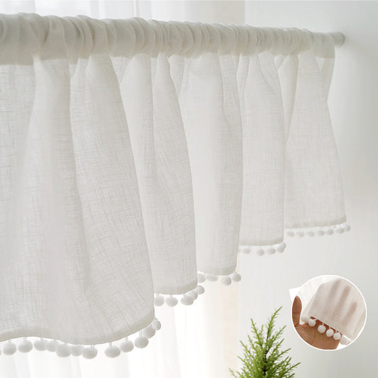Transparent short curtain with pompoms – linen look, white, rod pocket