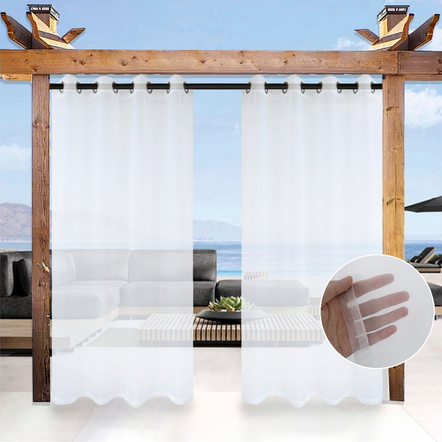 Outdoor Gardine Voile Weiß Transparent und Wasserabweisend mit Ösen 1 Panel