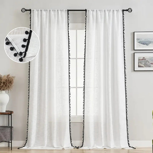 Sheer curtain with pompoms – boho style, white with black, rod pocket