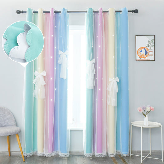 Blackout Curtain Stars Ombre Two-Layer with Tulle Bow 1 Panel