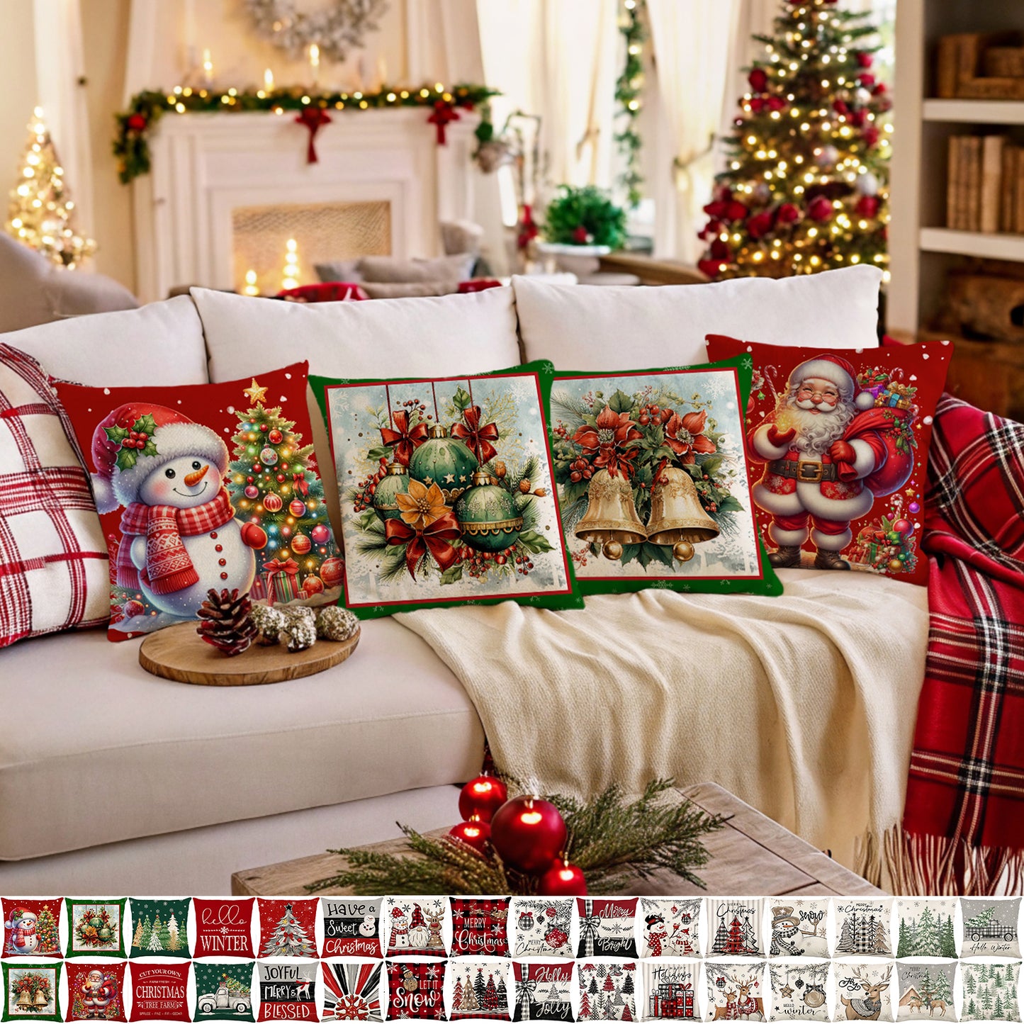 4er-Set Weihnachts-Kissenbezüge aus Leinen – Softe Dekokissen für Sofa und Bett (45×45 cm)