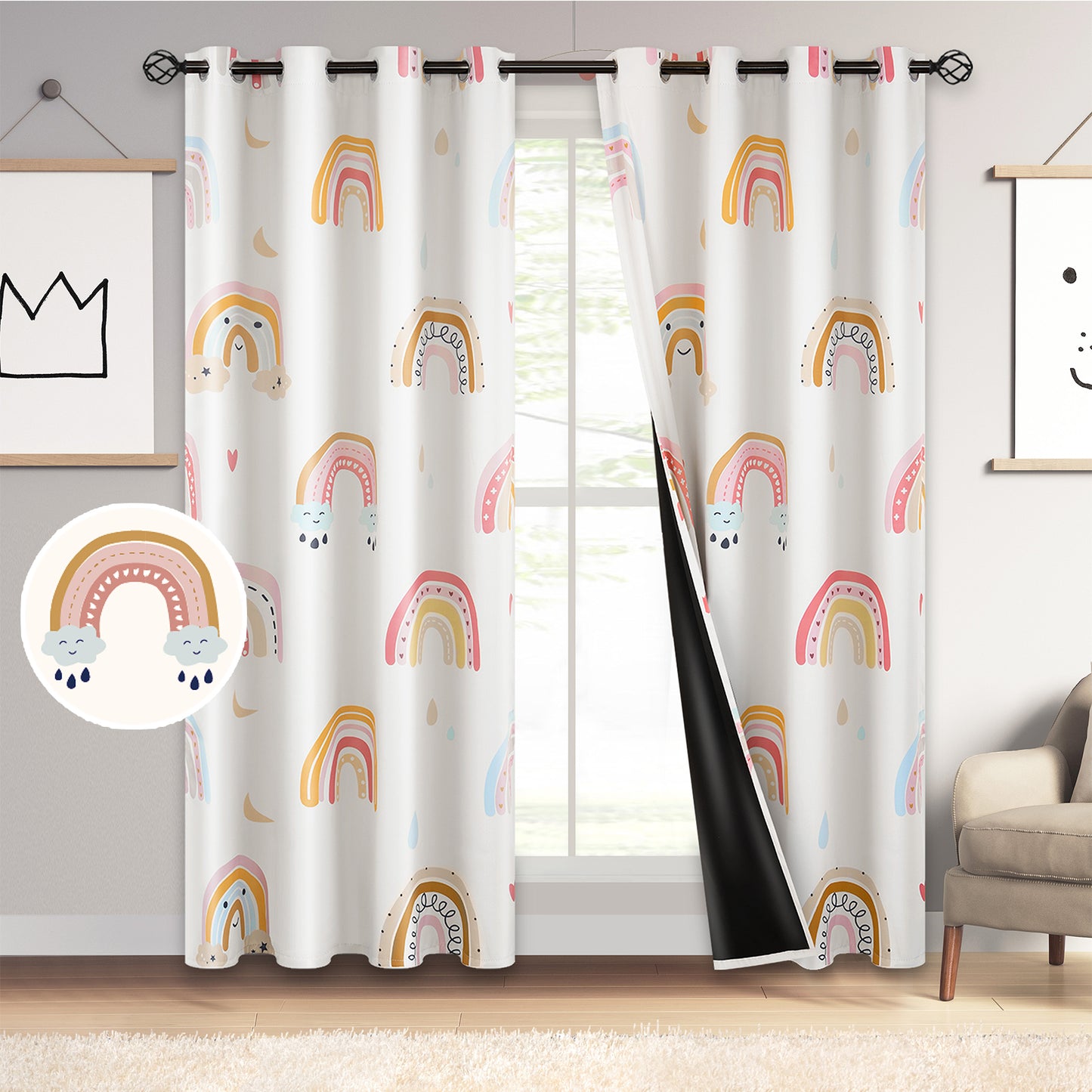 Children's Curtain with Rainbow Motif – Blackout Curtain Set of 2, 95% Blackout