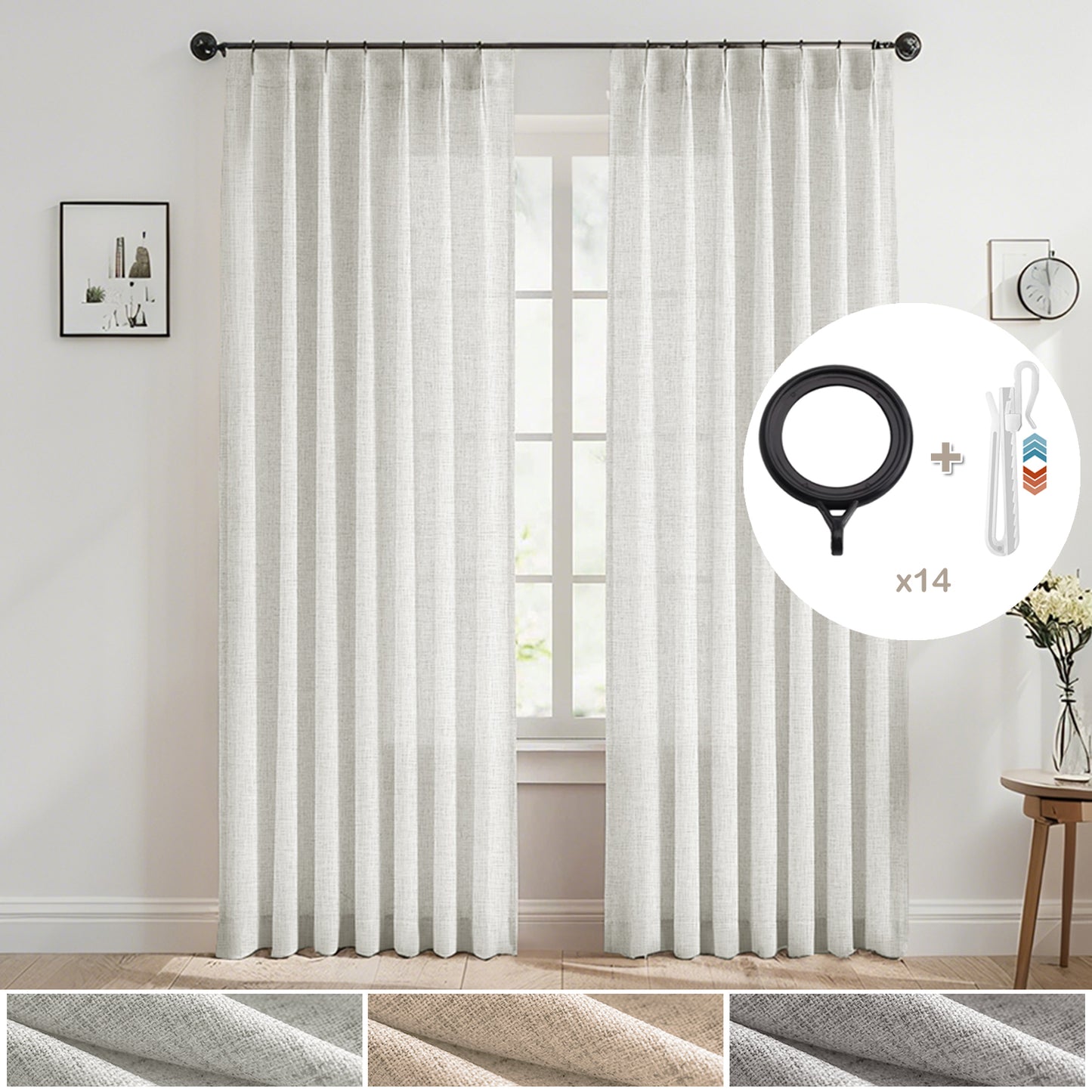 2-teiliges Set Pinch Pleat Vorhänge in Leinenoptik · Halbtransparent · Vintage Stil
