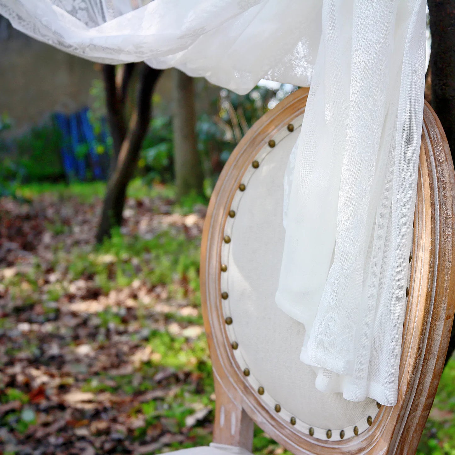 Two-piece transparent lace curtain with floral pattern and rod pocket in white