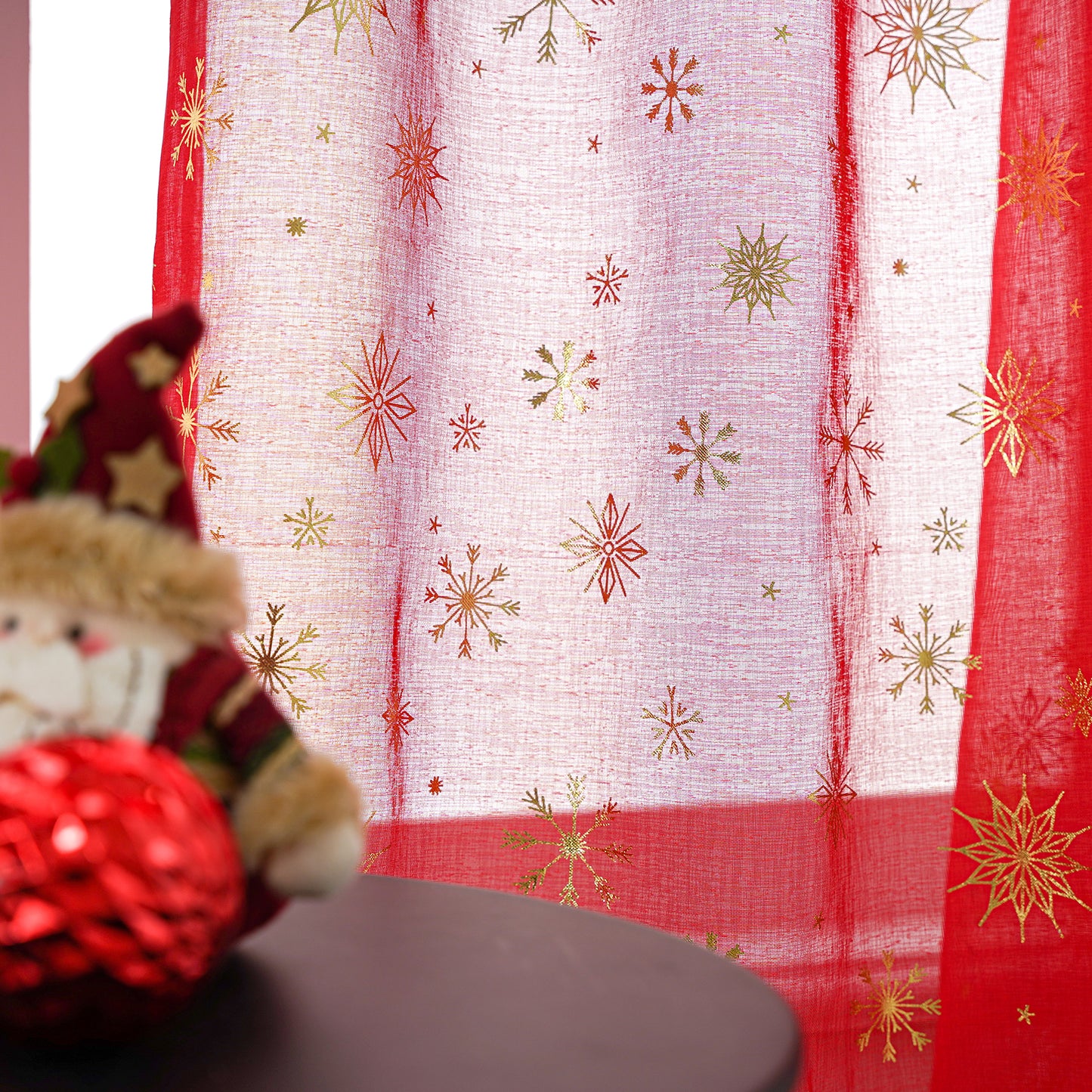 Weihnachtsvorhang Schneeflocken Goldfolie 2er Set Transparente Gardine