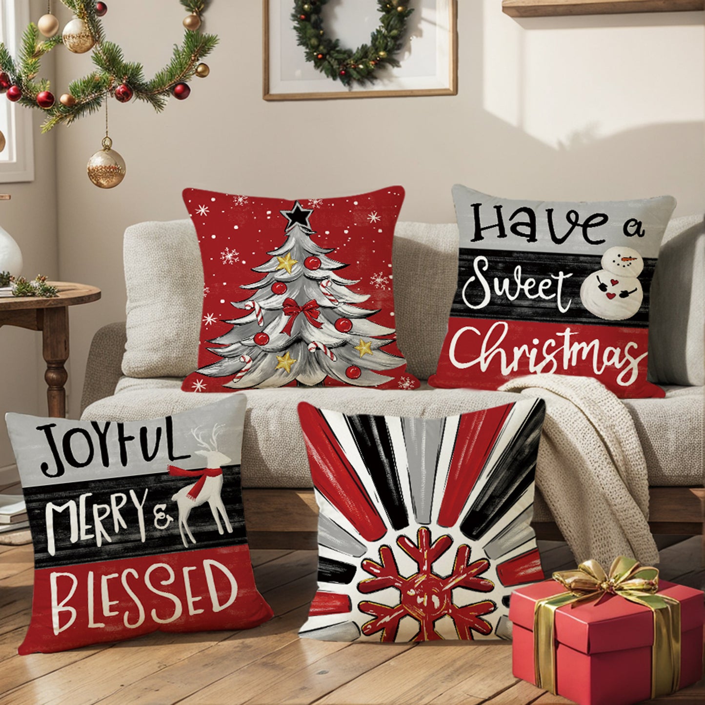 4er-Set Weihnachts-Kissenbezüge aus Leinen – Softe Dekokissen für Sofa und Bett (45×45 cm)