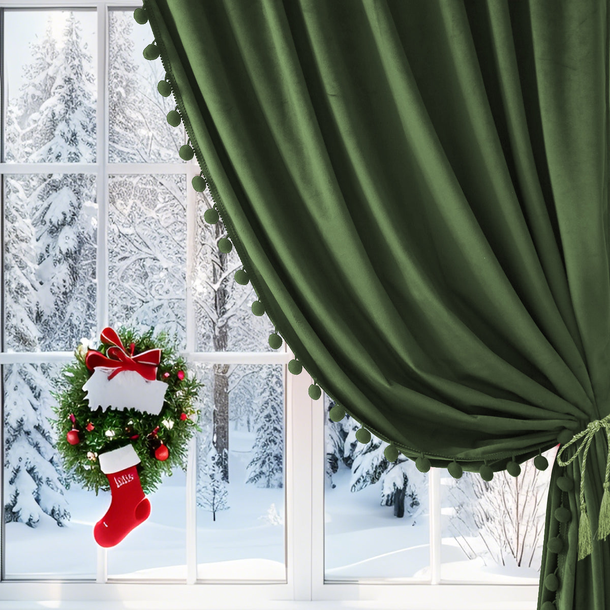 Rideaux de Noël en velours avec pompons 2 pièces rouge ou vert