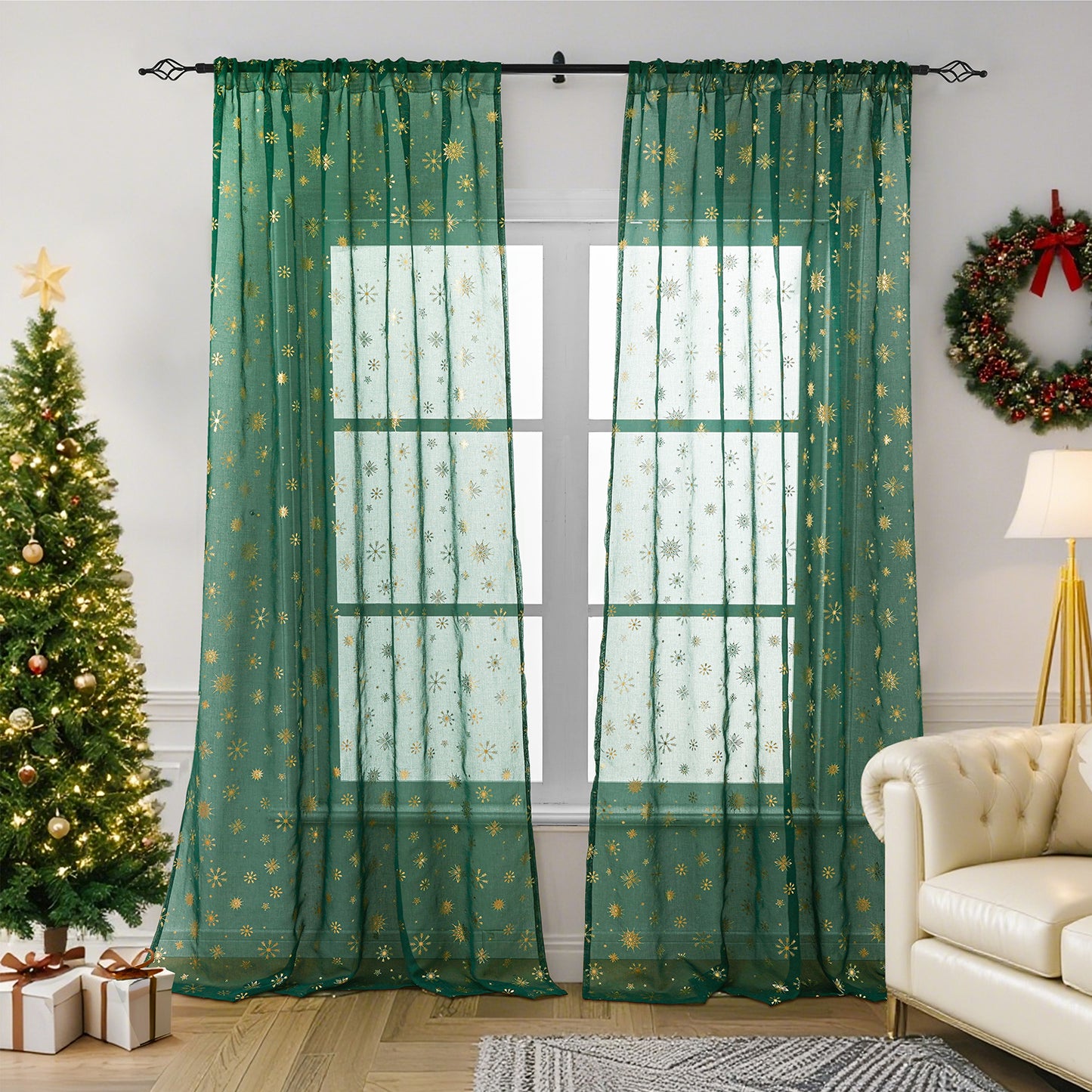 Weihnachtsvorhang Schneeflocken Goldfolie 2er Set Transparente Gardine
