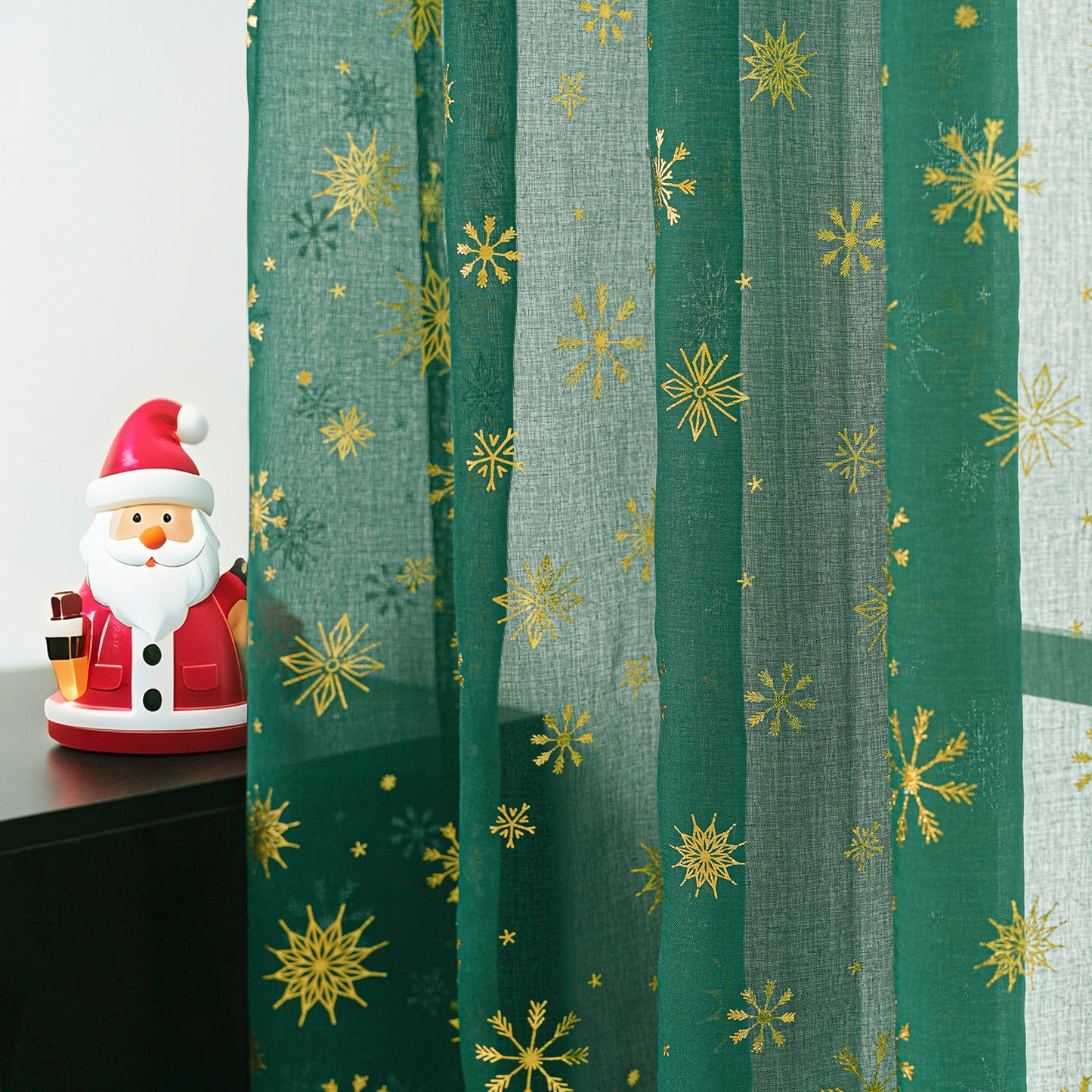 Weihnachtsvorhang Schneeflocken Goldfolie 2er Set Transparente Gardine