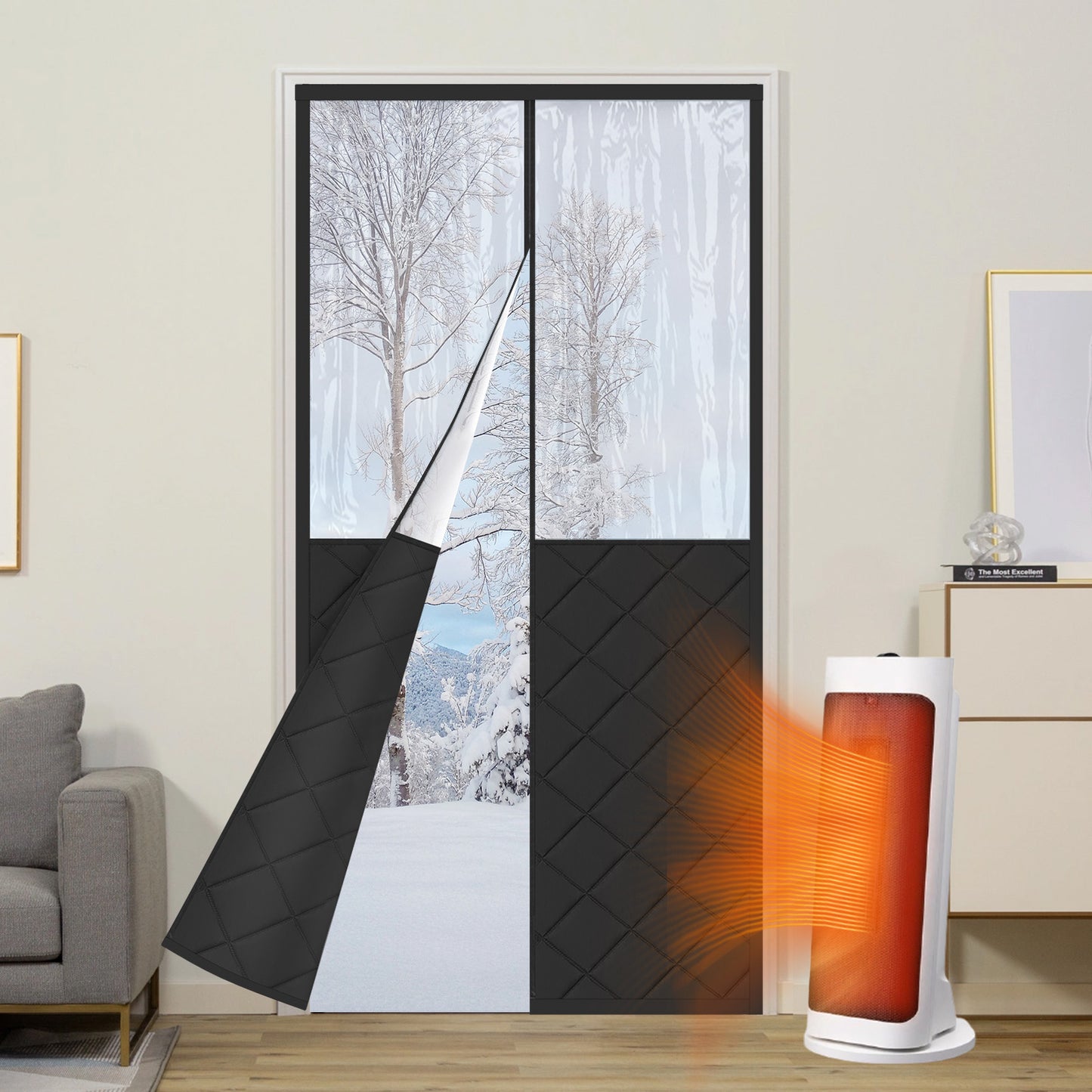 Magnetischer gesteppter Thermo Türvorhang mit großem Fenster · Wärmeschutz für Winter und Sommer