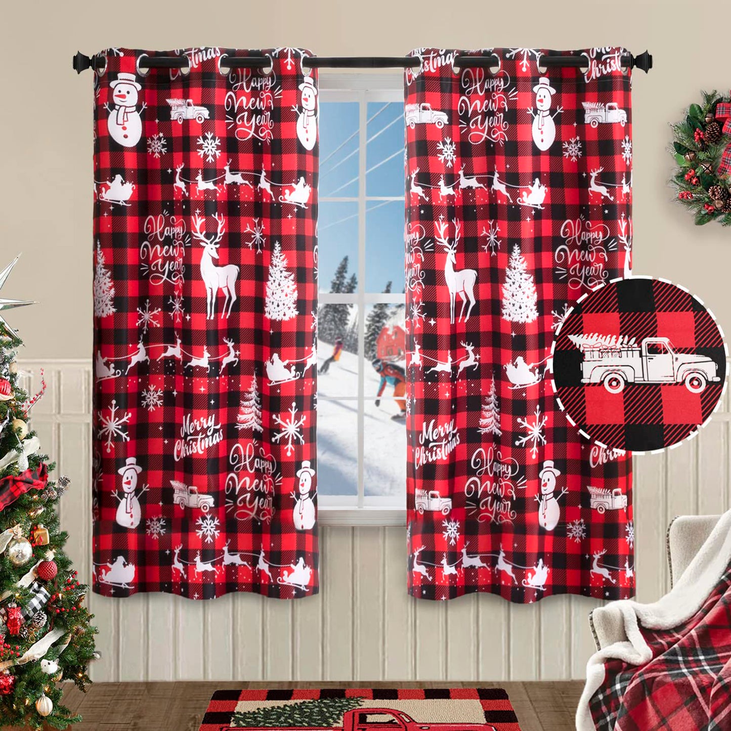 Weihnachtsvorhang Rot Schwarz Kariert 2er Set mit Ösen