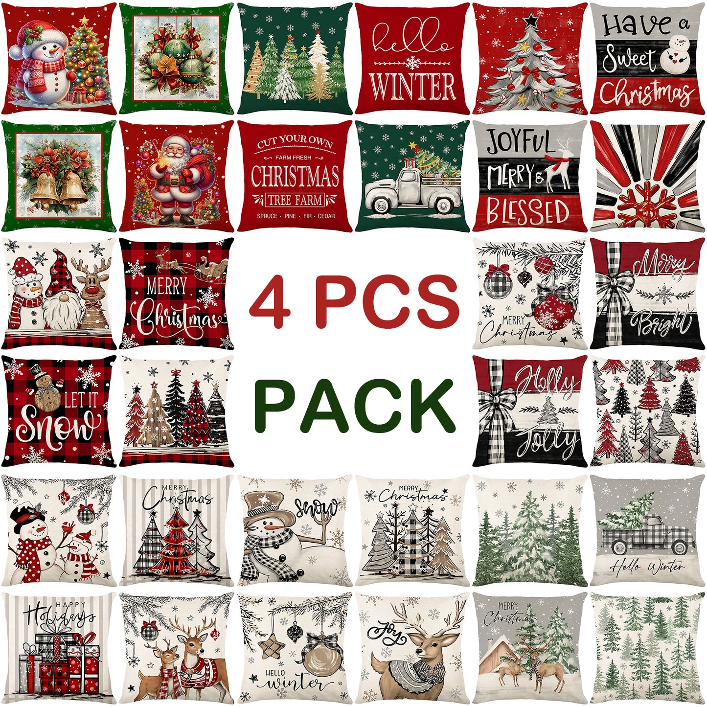 4er-Set Weihnachts-Kissenbezüge aus Leinen – Softe Dekokissen für Sofa und Bett (45×45 cm)