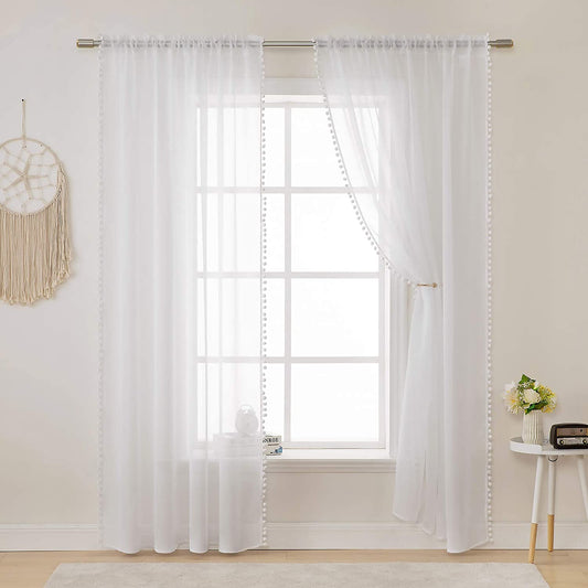 Transparent Voile Curtain with Pompoms White 1 Panel