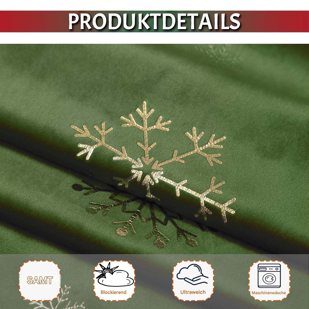 Rideaux de Noël en velours avec flocons de neige en feuille d'or, 2 pièces, rouge ou vert