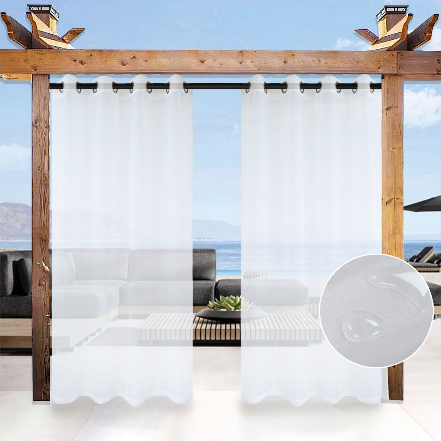 Outdoor Gardine Voile Weiß Transparent und Wasserabweisend mit Ösen 1 Panel