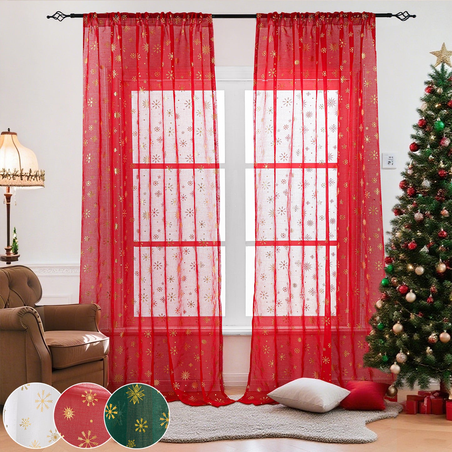 Weihnachtsvorhang Schneeflocken Goldfolie 2er Set Transparente Gardine