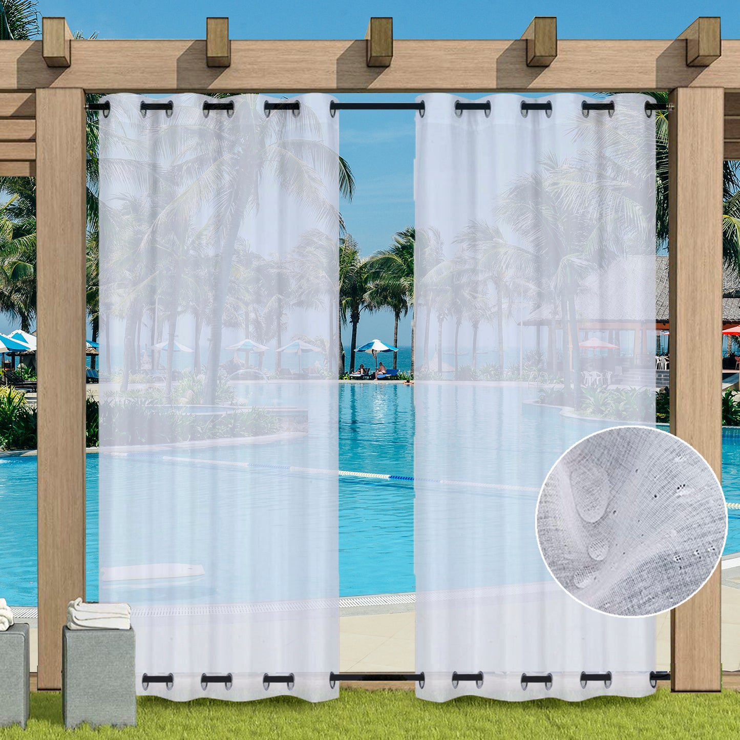 Outdoor Gardine Voile Weiß Winddicht und Wasserabweisend mit Ösen oben und unten 1 Panel