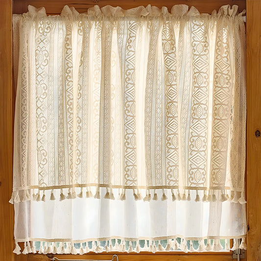 Double-layered short curtain with tassels – boho style, linen look, cream