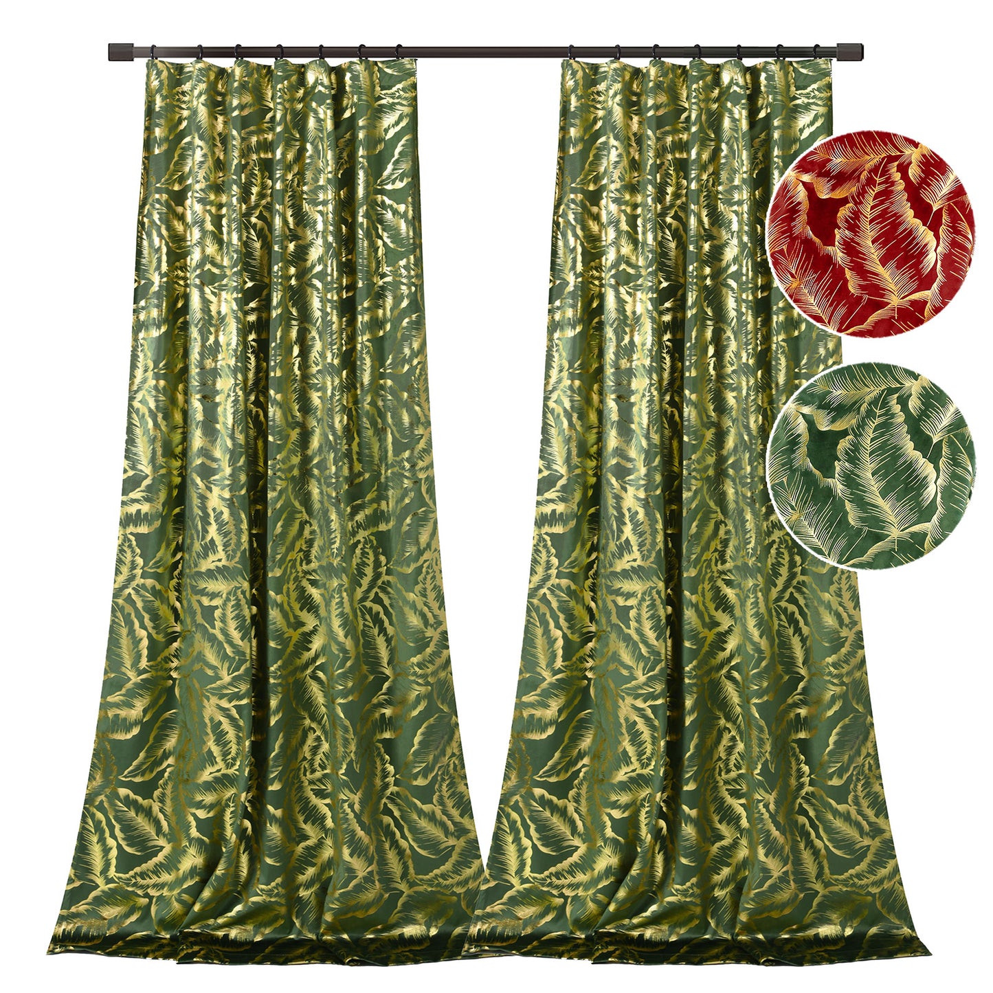 Samt Weihnachtsvorhänge mit Blatt-Goldfolie · Verdunkelung · Rot/Grün · 2-teilig