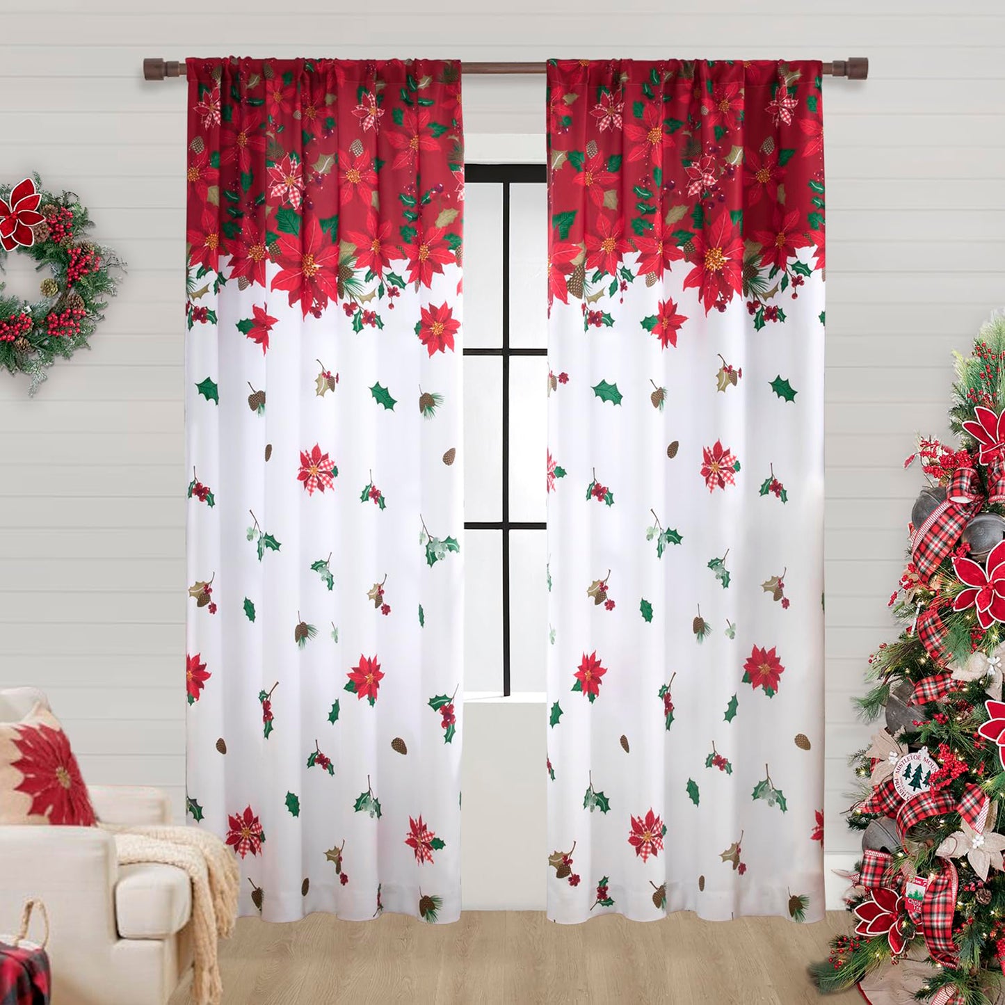 Weihnachtsvorhang Rot Weiß mit Blumenmuster 2er Set
