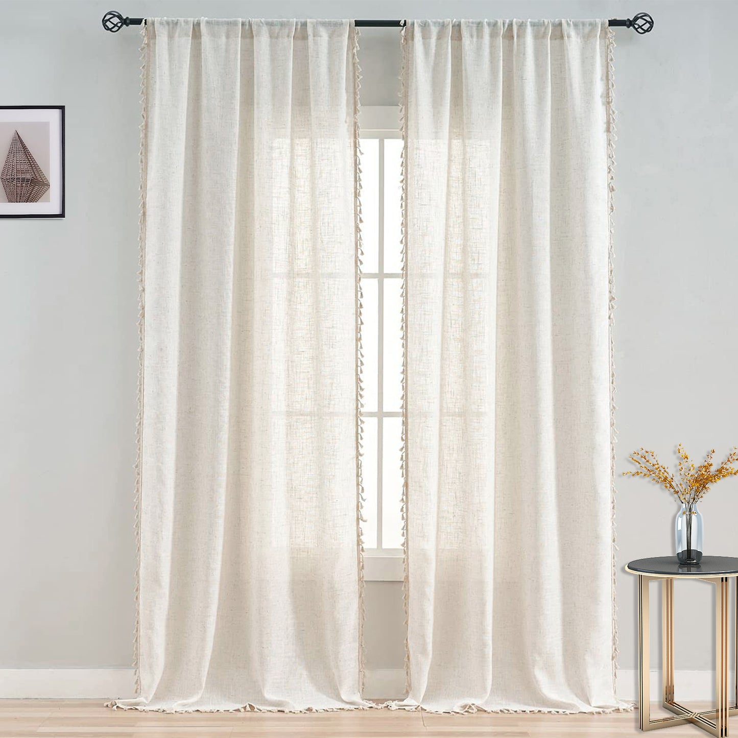 Transparente Gardine mit Quasten – Vintage, Creme, Rod Pocket